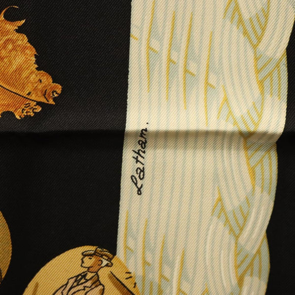 HERMES Carre 90 Scarf ""Couvee d'Hermes"" Silk Black Auth am8503