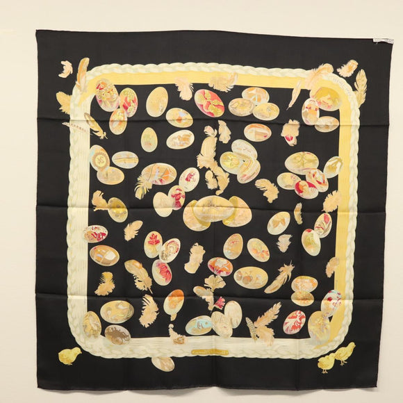 HERMES Carre 90 Scarf ""Couvee d'Hermes"" Silk Black Auth am8503