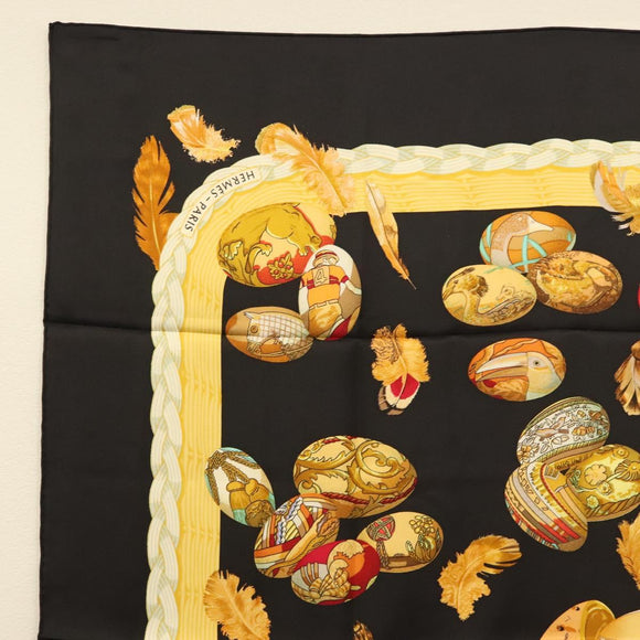 HERMES Carre 90 Scarf ""Couvee d'Hermes"" Silk Black Auth am8503