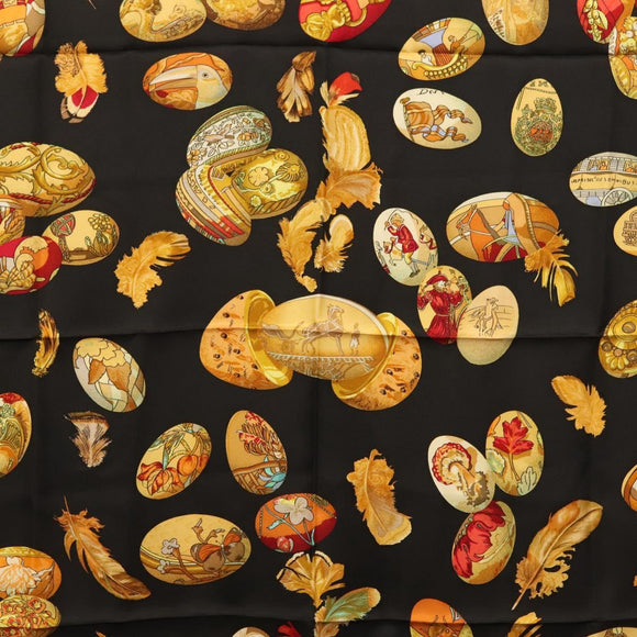 HERMES Carre 90 Scarf ""Couvee d'Hermes"" Silk Black Auth am8503