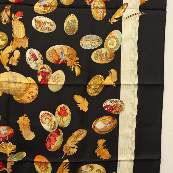HERMES Carre 90 Scarf ""Couvee d'Hermes"" Silk Black Auth am8503