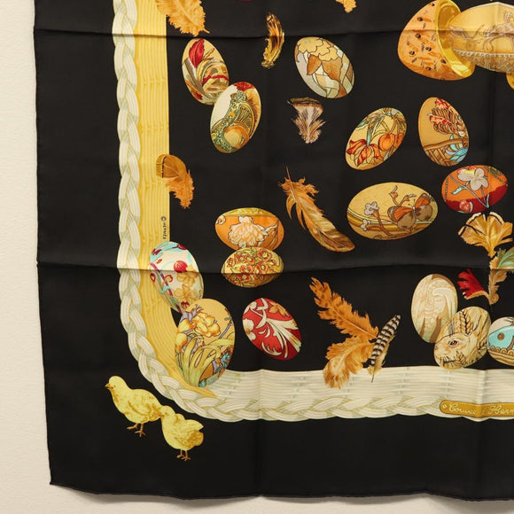 HERMES Carre 90 Scarf ""Couvee d'Hermes"" Silk Black Auth am8503
