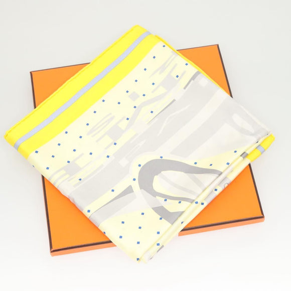 HERMES Carre 90 Scarf ""CALECHE ELASTIQUE "" Silk Yellow Auth am8504