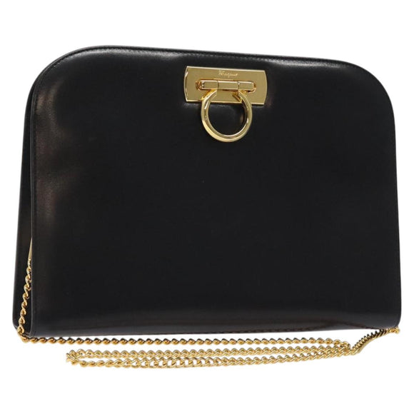 Salvatore Ferragamo Chain Shoulder Bag Leather Black Gold Auth am8545