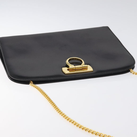 Salvatore Ferragamo Chain Shoulder Bag Leather Black Gold Auth am8545