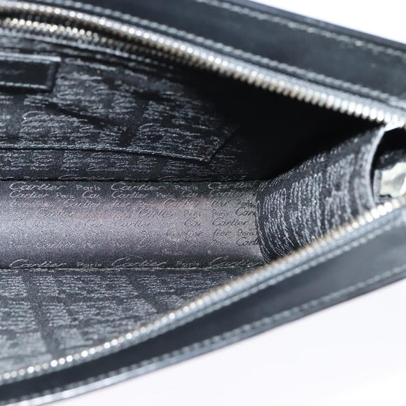 CARTIER Clutch Bag Leather Black Silver Auth am8581