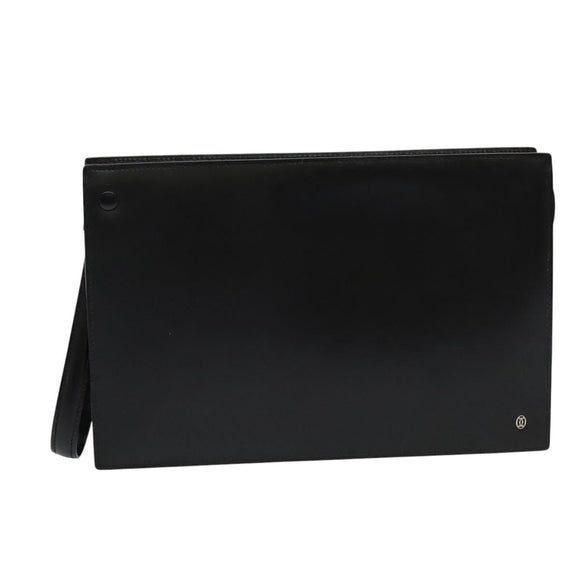 CARTIER Clutch Bag Leather Black Silver Auth am8581
