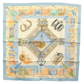 HERMES Carre 90 Scarf ""DES PLAGES NORMANDES"" Silk Beige Auth am8606