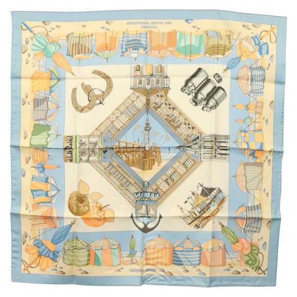 HERMES Carre 90 Scarf ""DES PLAGES NORMANDES"" Silk Beige Auth am8606