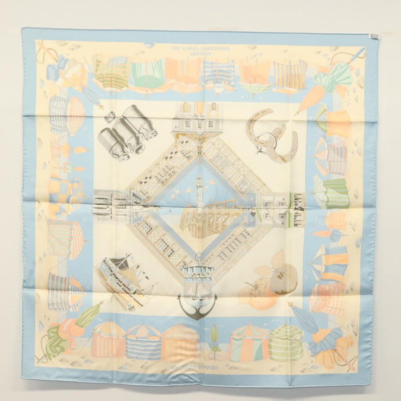 HERMES Carre 90 Scarf ""DES PLAGES NORMANDES"" Silk Beige Auth am8606