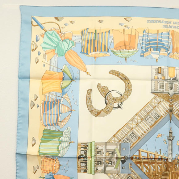 HERMES Carre 90 Scarf ""DES PLAGES NORMANDES"" Silk Beige Auth am8606