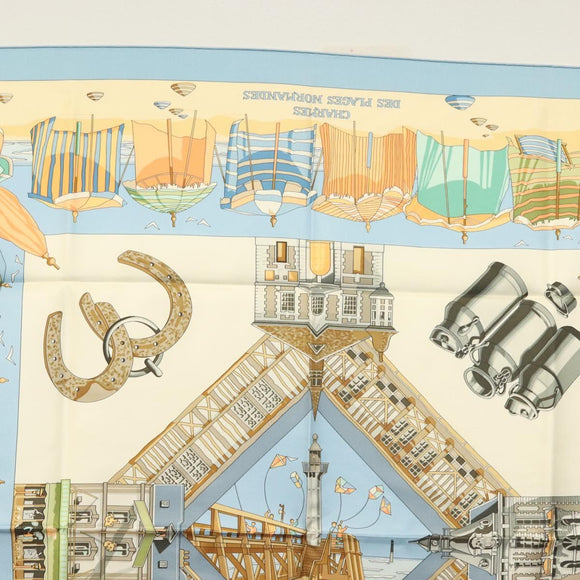 HERMES Carre 90 Scarf ""DES PLAGES NORMANDES"" Silk Beige Auth am8606