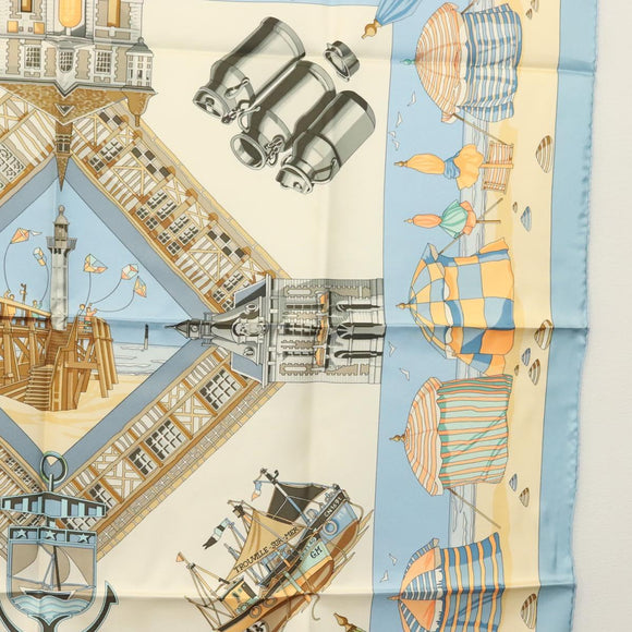 HERMES Carre 90 Scarf ""DES PLAGES NORMANDES"" Silk Beige Auth am8606