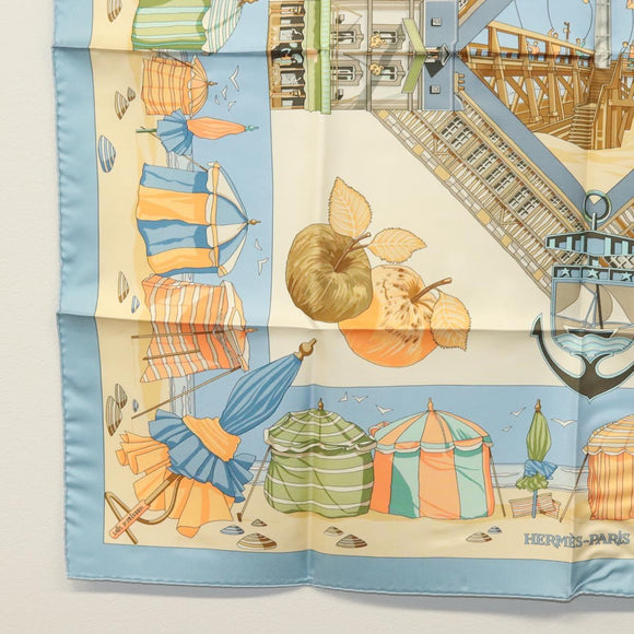 HERMES Carre 90 Scarf ""DES PLAGES NORMANDES"" Silk Beige Auth am8606