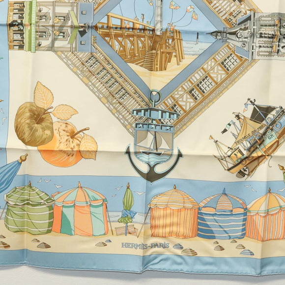 HERMES Carre 90 Scarf ""DES PLAGES NORMANDES"" Silk Beige Auth am8606