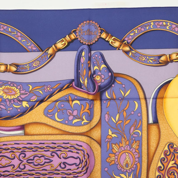 HERMES Pleated Carre 90 Scarf ""Festival"" Silk Blue Auth am8626