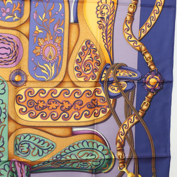 HERMES Pleated Carre 90 Scarf ""Festival"" Silk Blue Auth am8626