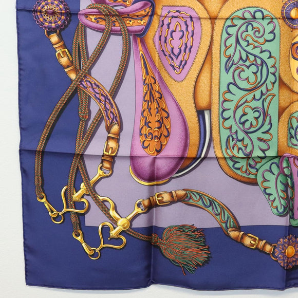 HERMES Pleated Carre 90 Scarf ""Festival"" Silk Blue Auth am8626