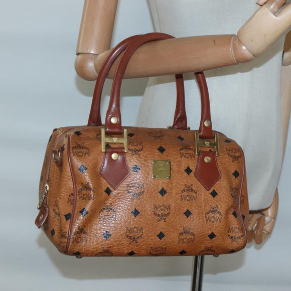 MCM Logogram Vicetos Boston Bag PVC Leather Brown Gold Auth am8629