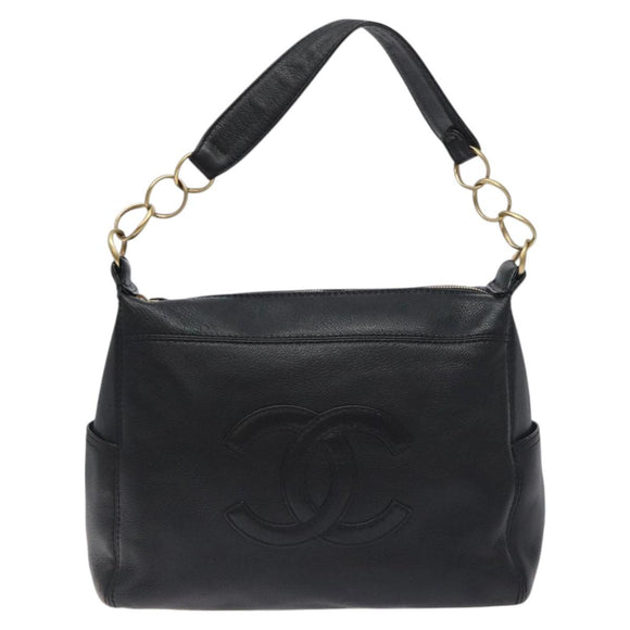 CHANEL COCO Mark Chain Shoulder Bag Leather Black Gold CC Auth am8635V
