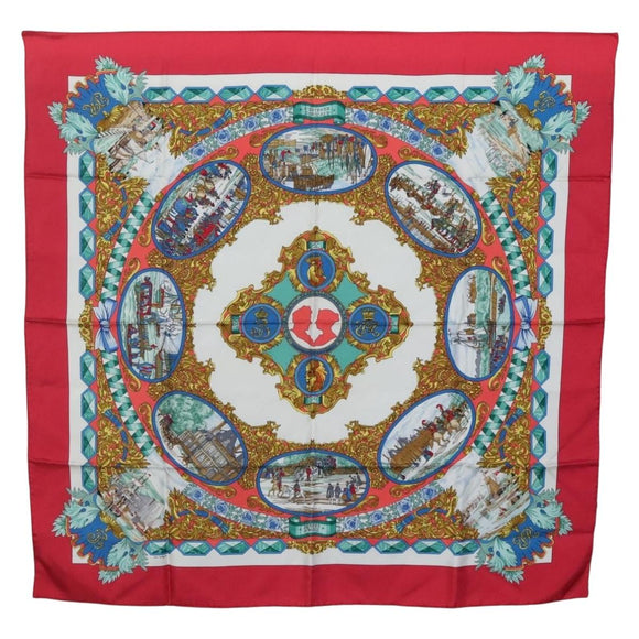 HERMES Carre 90 Scarf ""LENTENTE CORDIALE"" Silk Red White Auth am8643