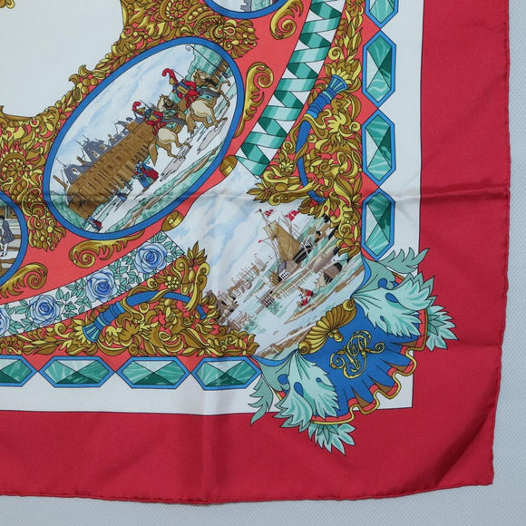 HERMES Carre 90 Scarf ""LENTENTE CORDIALE"" Silk Red White Auth am8643
