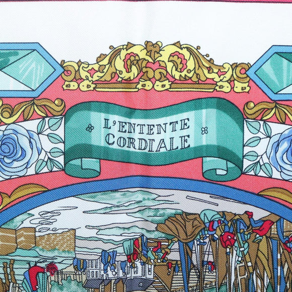 HERMES Carre 90 Scarf ""LENTENTE CORDIALE"" Silk Red White Auth am8643