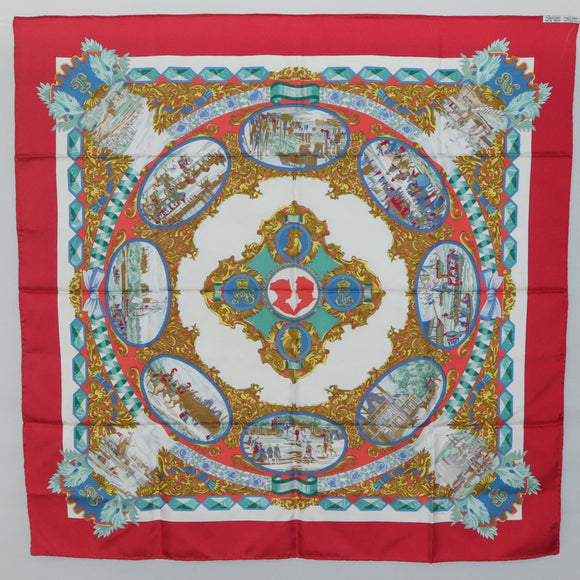 HERMES Carre 90 Scarf ""LENTENTE CORDIALE"" Silk Red White Auth am8643