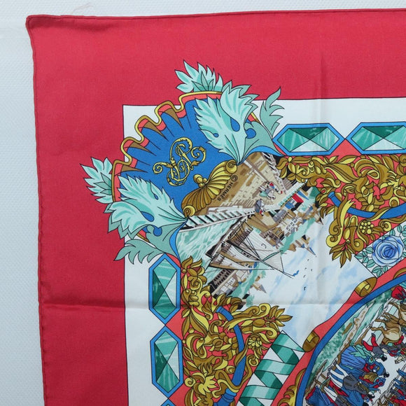 HERMES Carre 90 Scarf ""LENTENTE CORDIALE"" Silk Red White Auth am8643