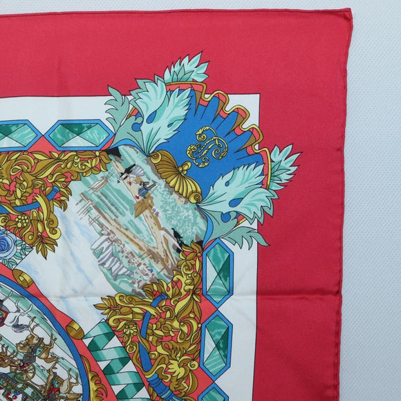 HERMES Carre 90 Scarf ""LENTENTE CORDIALE"" Silk Red White Auth am8643