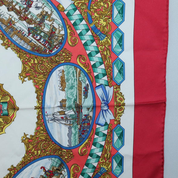 HERMES Carre 90 Scarf ""LENTENTE CORDIALE"" Silk Red White Auth am8643