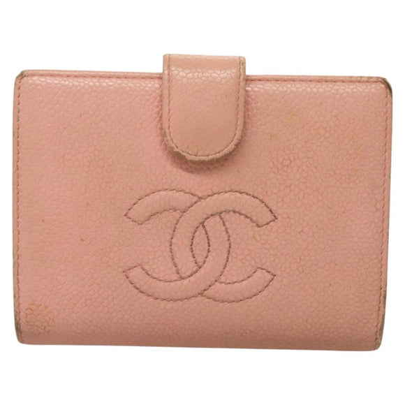 CHANEL Caviar Skin COCO Mark Bifold Wallet Pink Gold CC Auth am8671