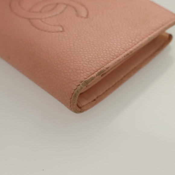 CHANEL Caviar Skin COCO Mark Bifold Wallet Pink Gold CC Auth am8671