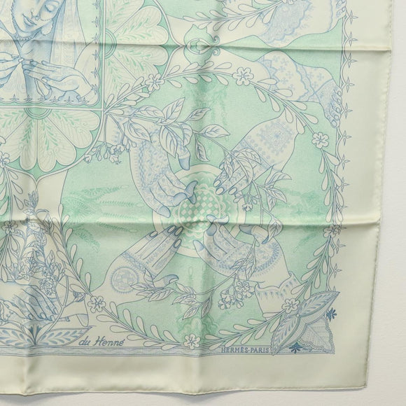 HERMES Carre 90 Scarf ""Les chants du Henne"" Silk Peppermint Auth am8731