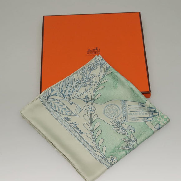HERMES Carre 90 Scarf ""Les chants du Henne"" Silk Peppermint Auth am8731