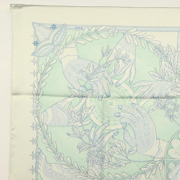 HERMES Carre 90 Scarf ""Les chants du Henne"" Silk Peppermint Auth am8731 - 0