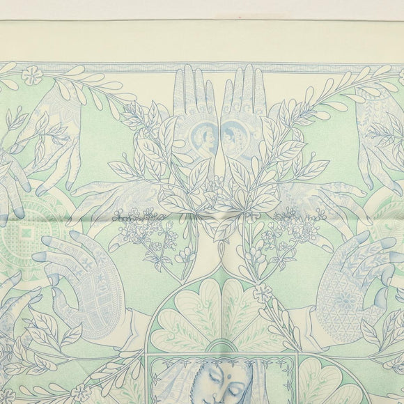 HERMES Carre 90 Scarf ""Les chants du Henne"" Silk Peppermint Auth am8731