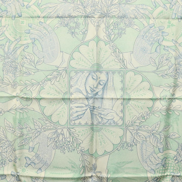HERMES Carre 90 Scarf ""Les chants du Henne"" Silk Peppermint Auth am8731