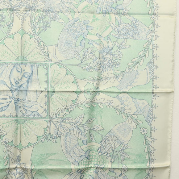 HERMES Carre 90 Scarf ""Les chants du Henne"" Silk Peppermint Auth am8731