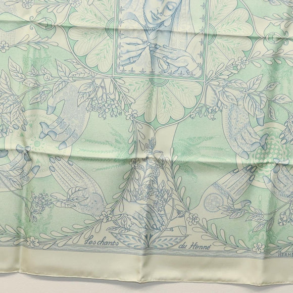 HERMES Carre 90 Scarf ""Les chants du Henne"" Silk Peppermint Auth am8731