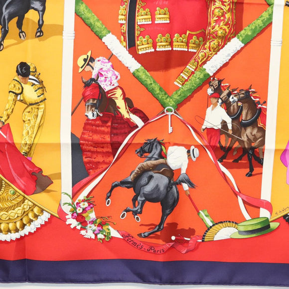 HERMES Carre 90 Scarf ""PLAZA DE TOROS"" Silk Orange Auth am8844