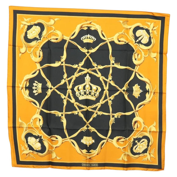 HERMES Carre 90 Scarf Crown Silk Yellow Auth am8845