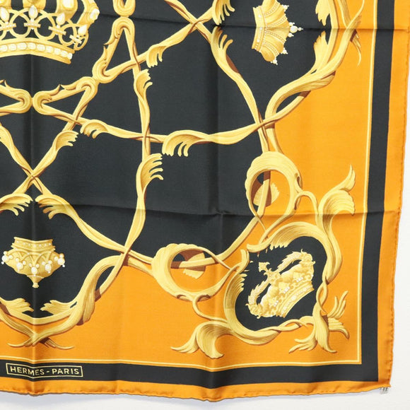 HERMES Carre 90 Scarf Crown Silk Yellow Auth am8845
