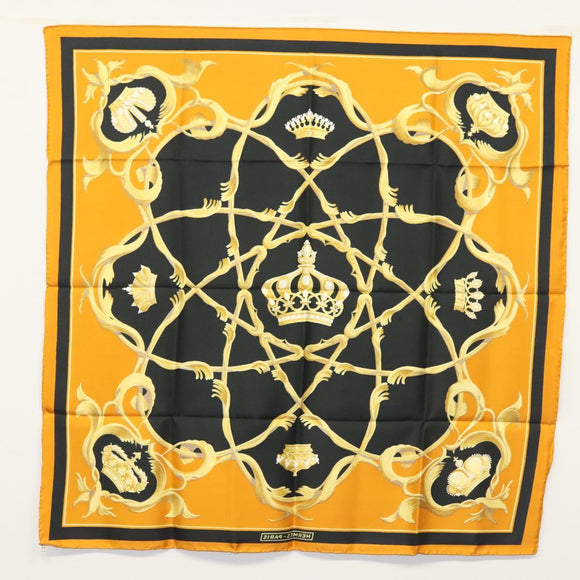 HERMES Carre 90 Scarf Crown Silk Yellow Auth am8845