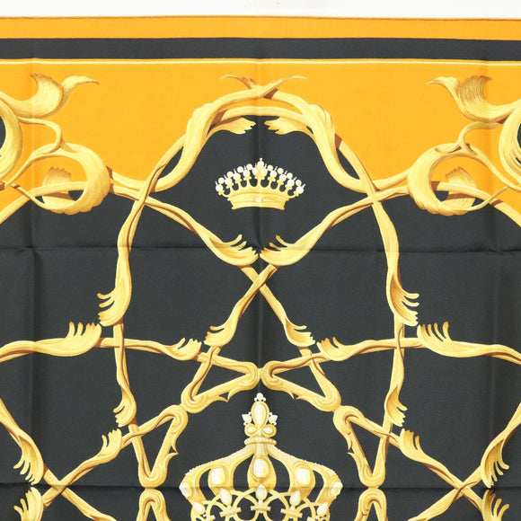 HERMES Carre 90 Scarf Crown Silk Yellow Auth am8845