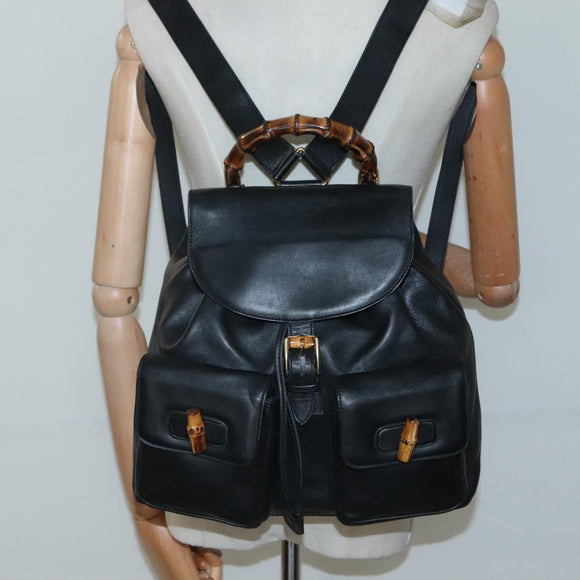 GUCCI Bamboo Backpack Leather Black Gold 008 2058 0016 Auth am8855