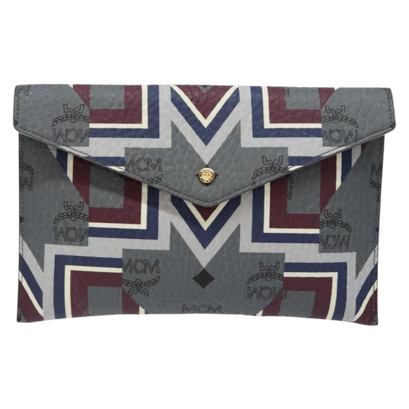 MCM Logogram Vicetos Clutch Bag PVC Leather Gray Gold Auth am8856