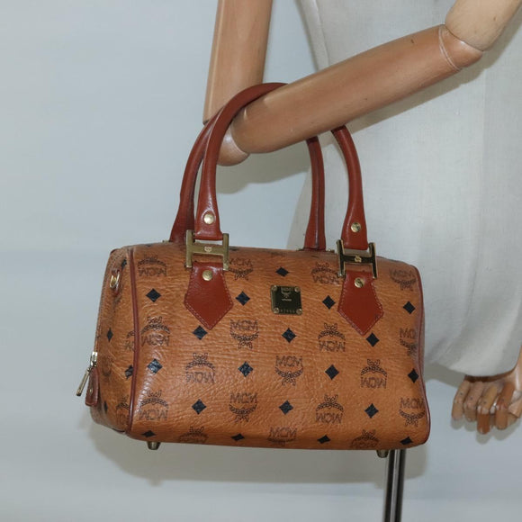 MCM Logogram Vicetos Boston Bag PVC Leather Brown Gold Auth am8857