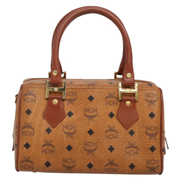 MCM Logogram Vicetos Boston Bag PVC Leather Brown Gold Auth am8857