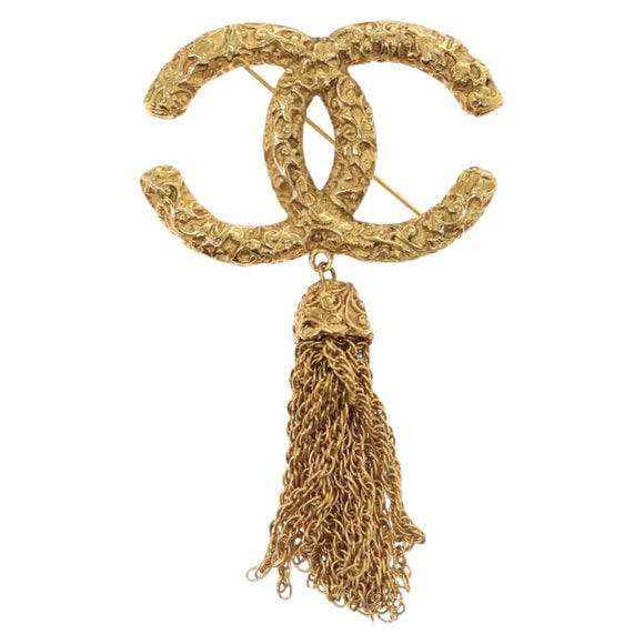 CHANEL COCO Mark Lava Fringe Brooch metal Gold CC Auth am8932V